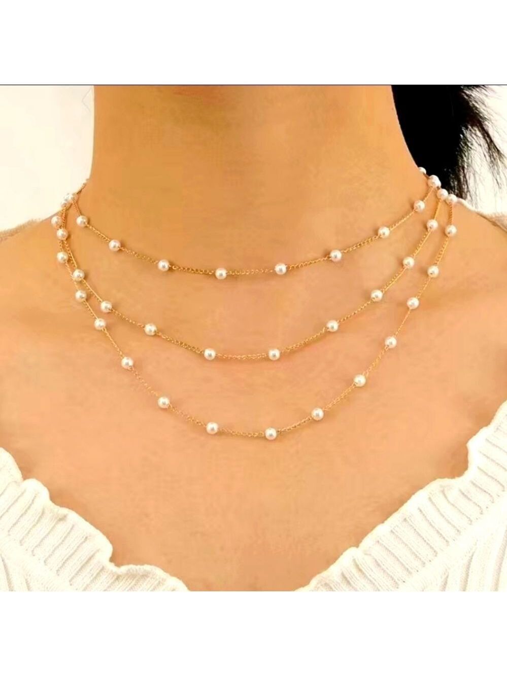 Three Layer Faux Pearl Necklace Gold Tone or Silver Tone